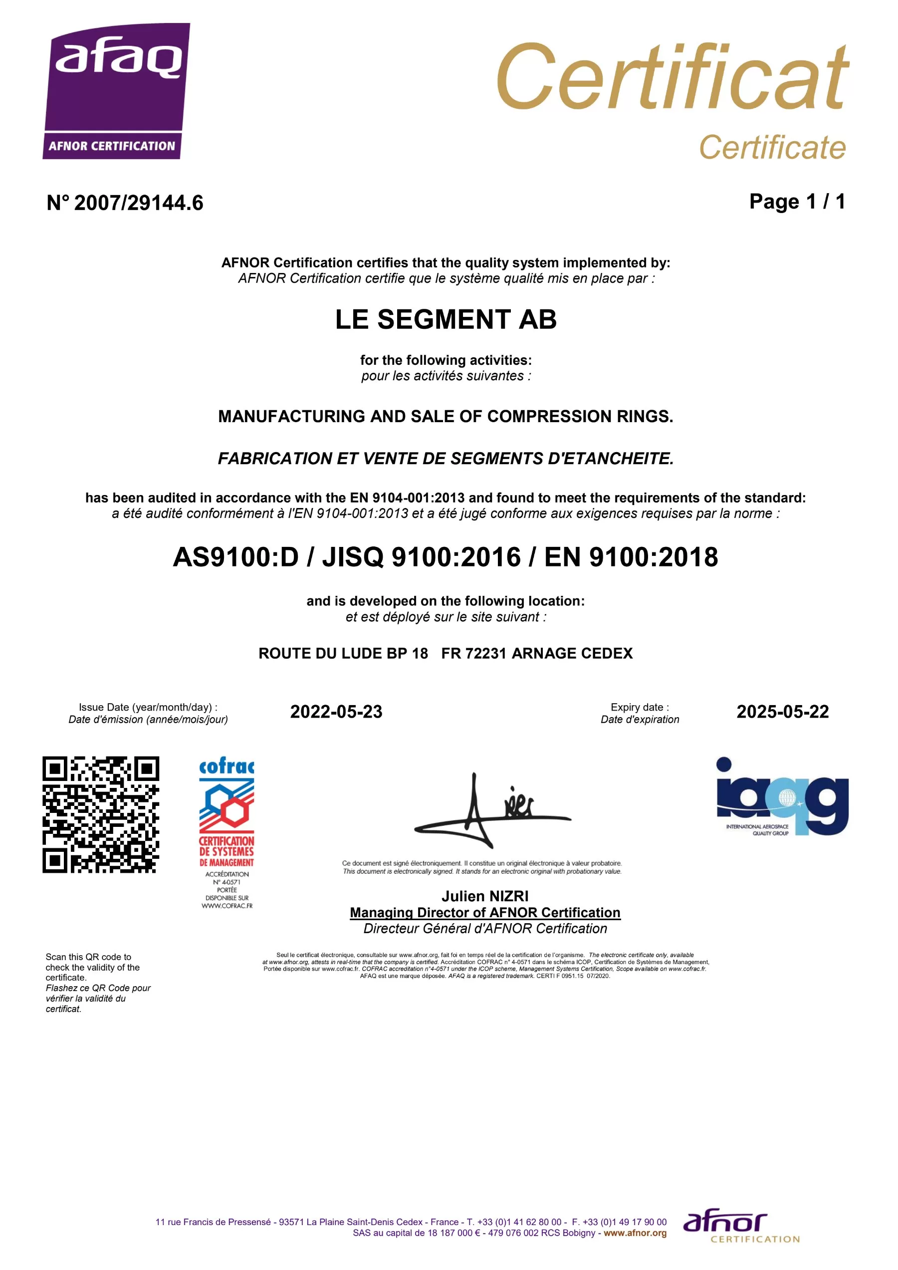 Certificat EN 9100